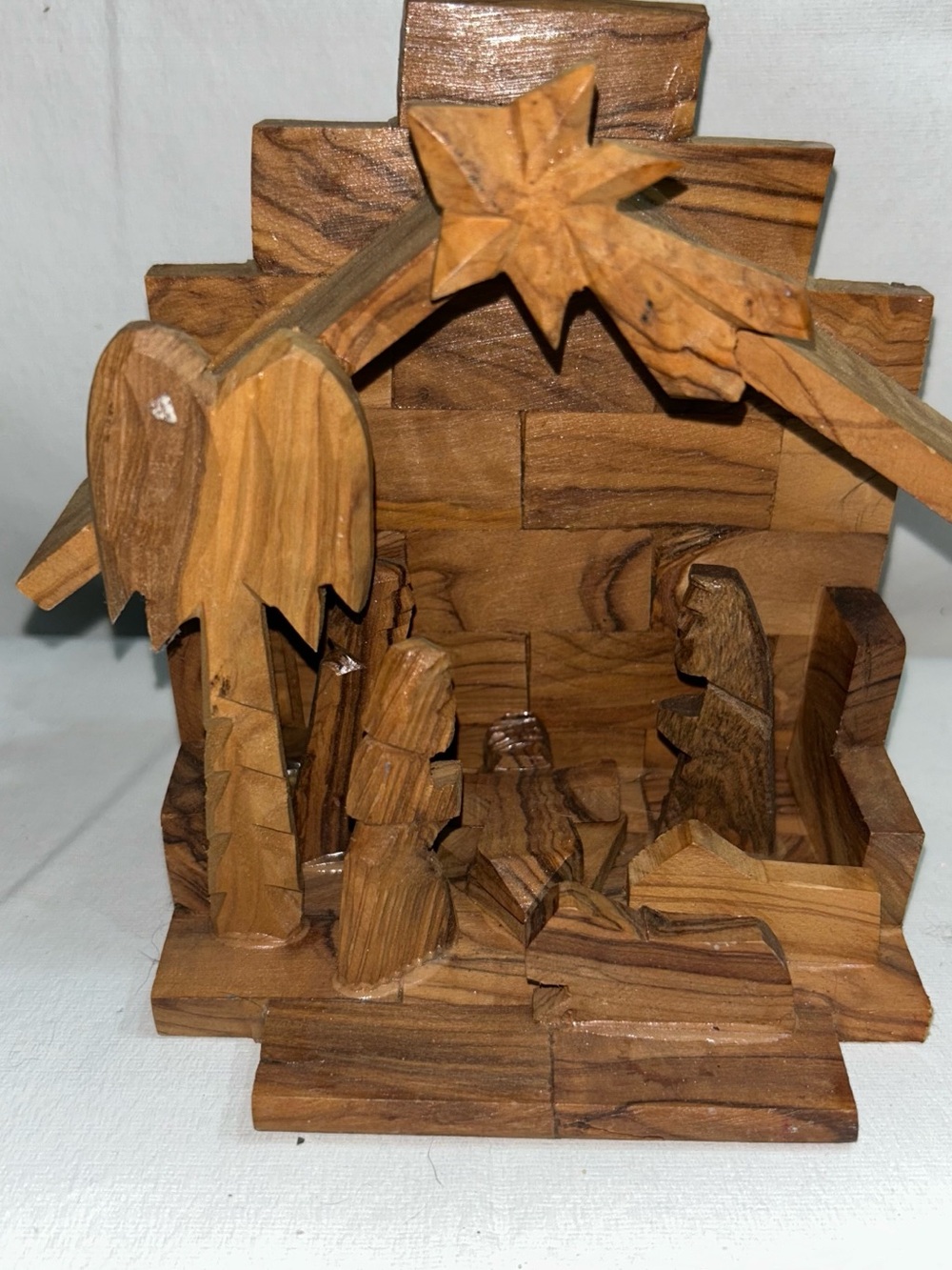 Vintage Handcrafted Wooden Nativity Crèche Scene One Puce Handmade Christmas